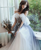 Blue Tulle Off Shoulder Long Prom Dress Blue Prom Dresses