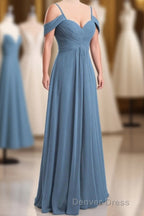 Dusty Blue Chiffon Cold Shoulder A Line Long Bridesmaid Dresses