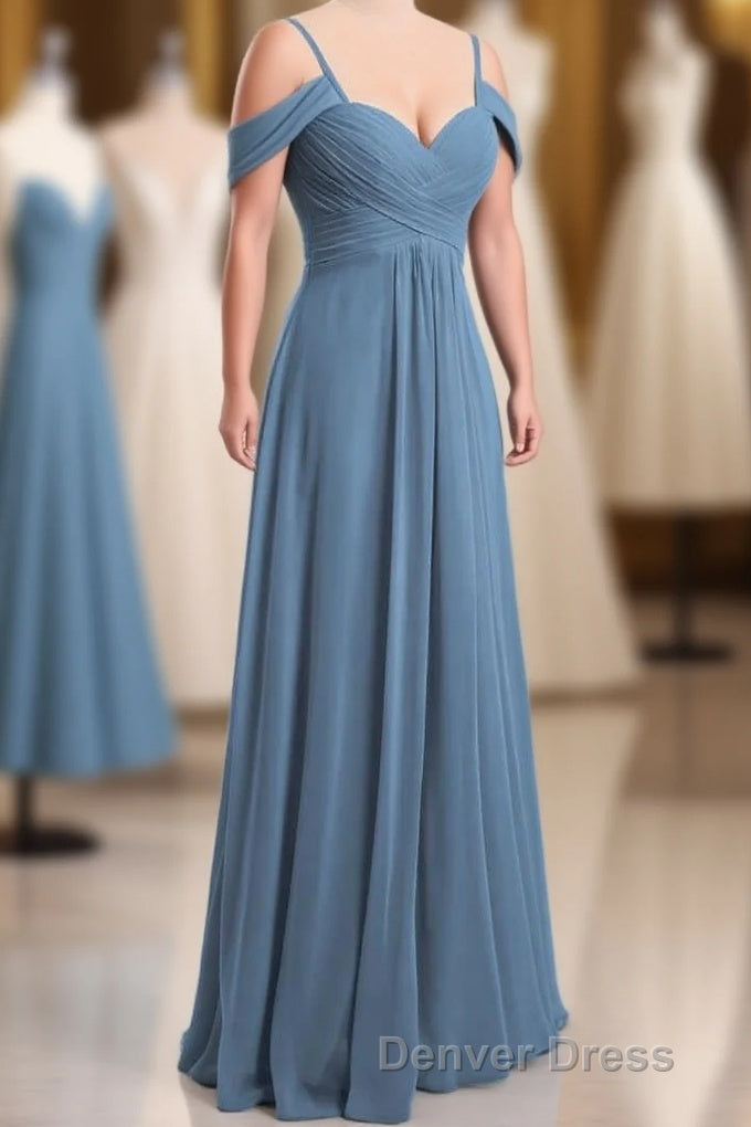 Dusty Blue Chiffon Cold Shoulder A Line Long Bridesmaid Dresses
