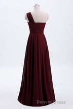 One Shoulder Burgundy A Line Chiffon Long Bridesmaid Dresses