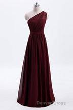 One Shoulder Burgundy A Line Chiffon Long Bridesmaid Dresses
