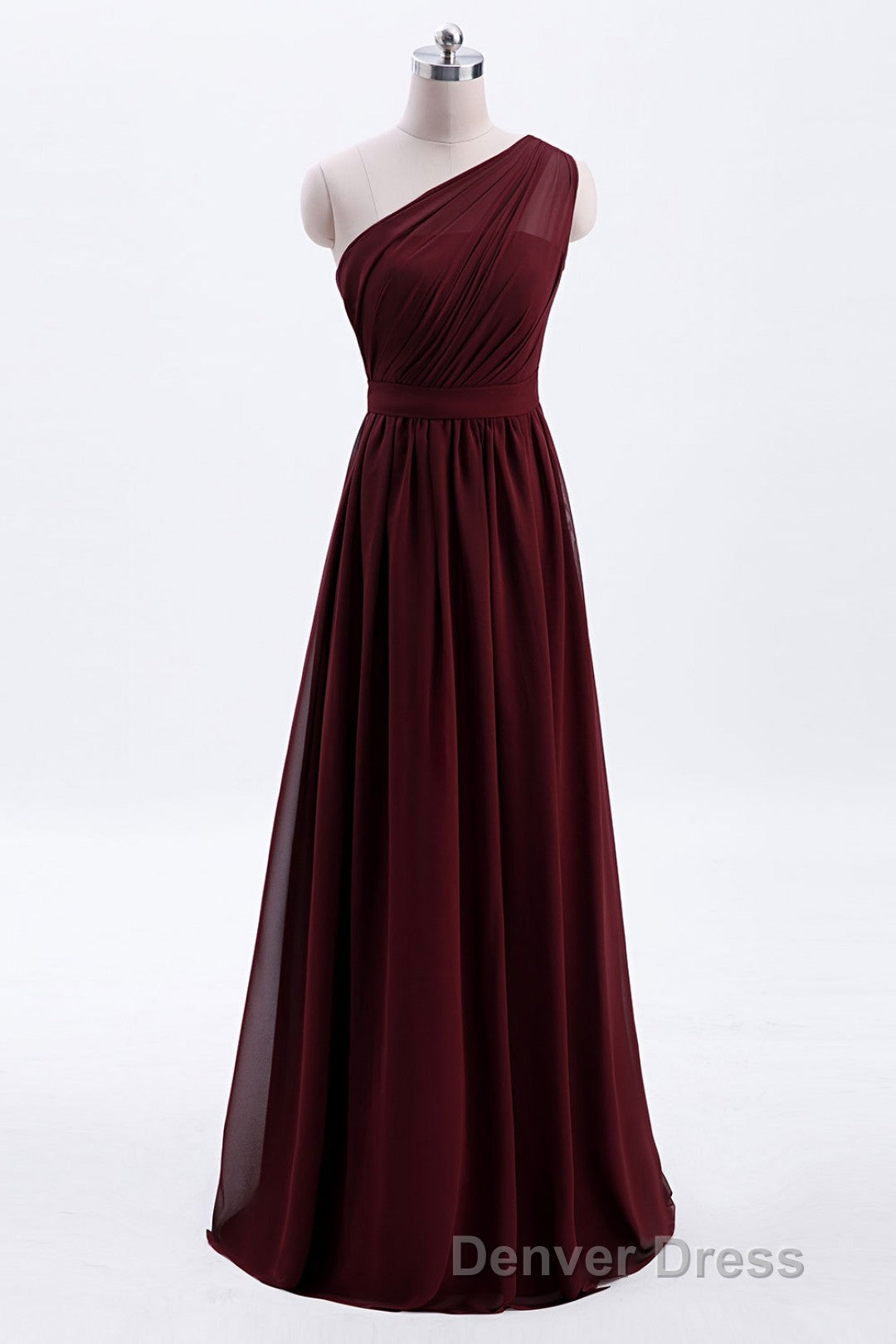 One Shoulder Burgundy A Line Chiffon Long Bridesmaid Dresses