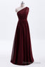 One Shoulder Burgundy A Line Chiffon Long Bridesmaid Dresses