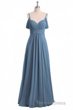 Dusty Blue Chiffon Cold Shoulder A Line Long Bridesmaid Dresses