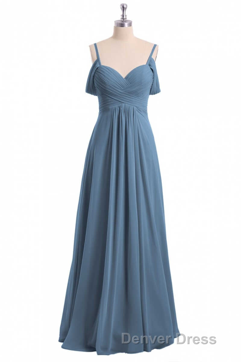 Dusty Blue Chiffon Cold Shoulder A Line Long Bridesmaid Dresses
