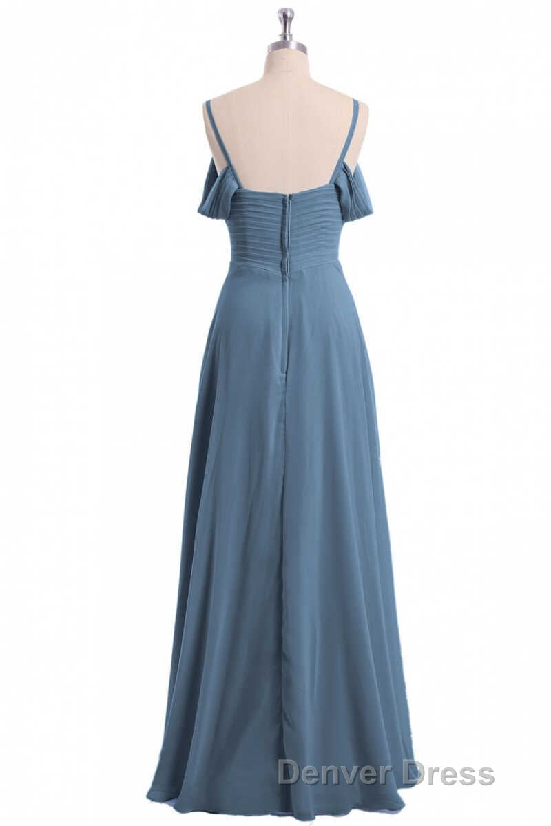 Dusty Blue Chiffon Cold Shoulder A Line Long Bridesmaid Dresses
