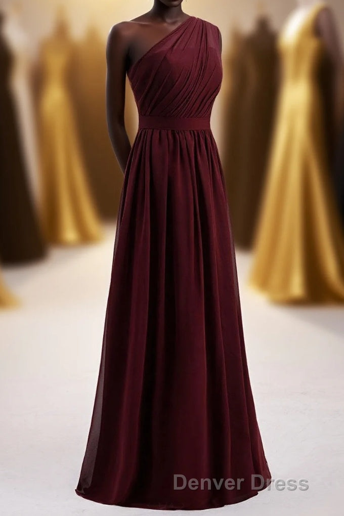 One Shoulder Burgundy A Line Chiffon Long Bridesmaid Dresses Main image