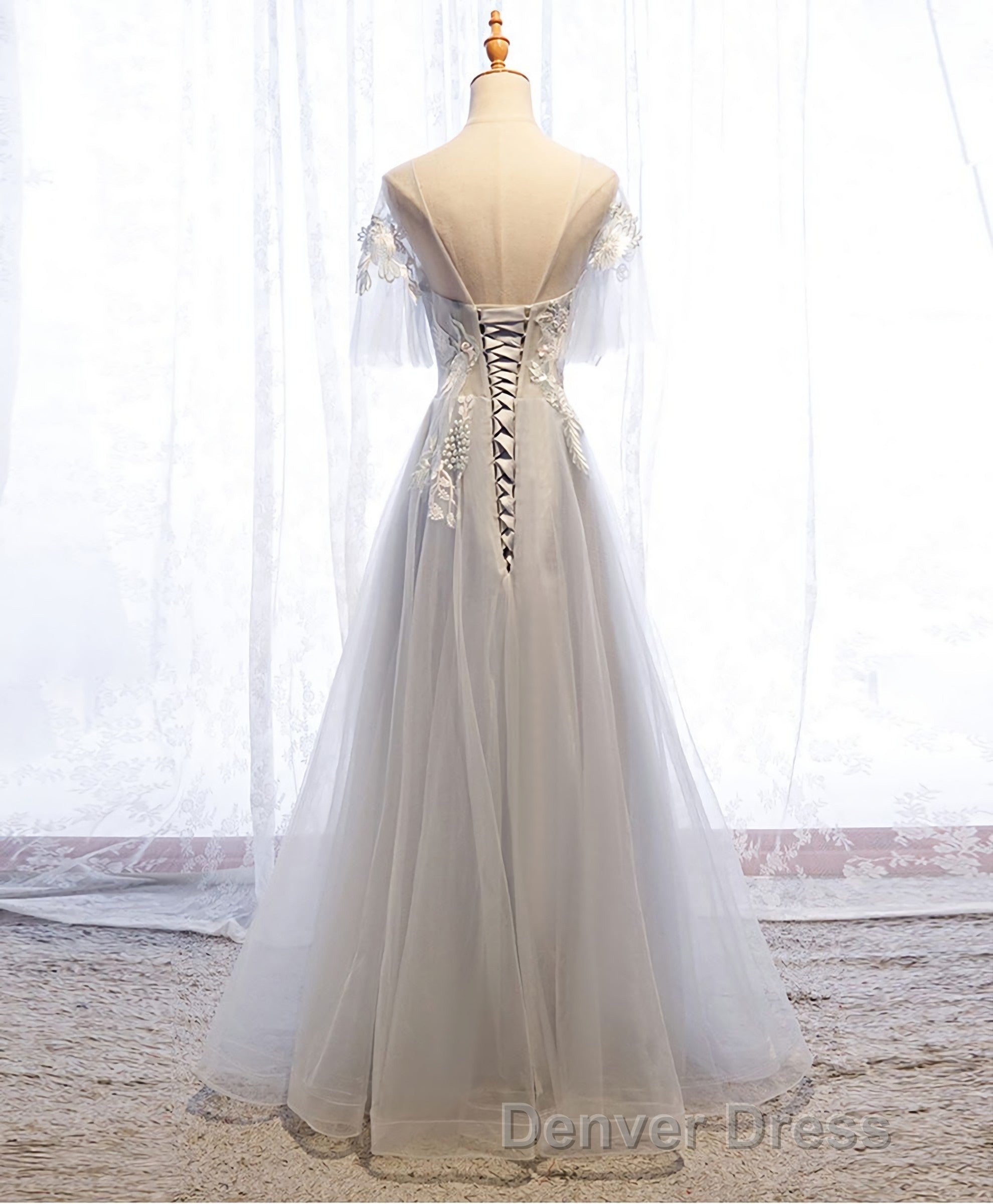 Gray Tulle Lace Long Prom Dress, Gray Tulle Lace Prom Dresses, 5