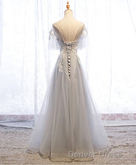 Gray Tulle Lace Long Prom Dresses, Gray Tulle Lace Evening Dresses, 5
