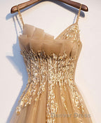 Champagne Tulle Lace Long Prom Dress, Champagne Prom Dresses, 9
