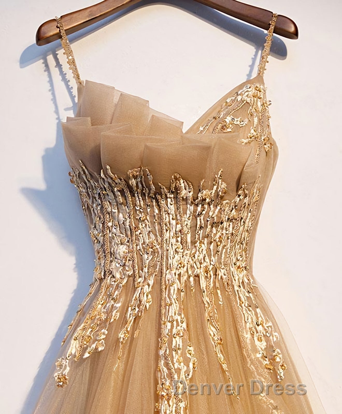 Champagne Tulle Lace Long Prom Dress, Champagne Prom Dresses, 9