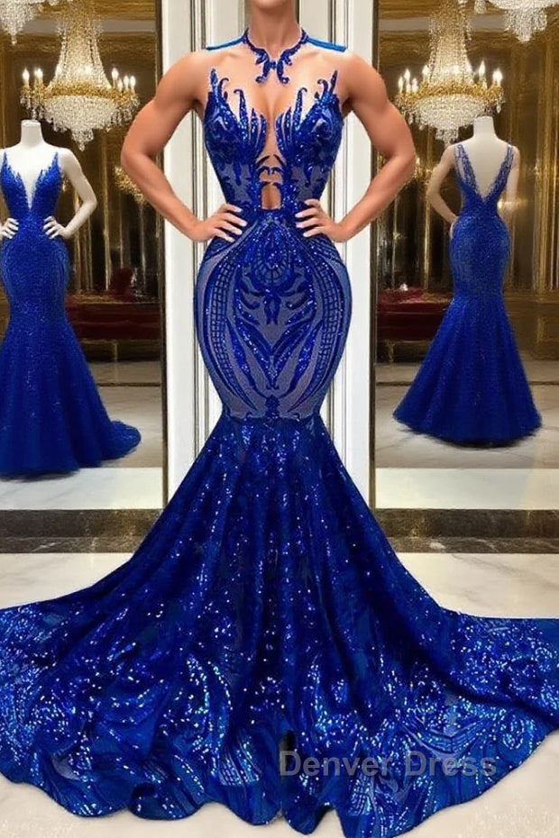 Sequins Royal Blue Sleeveless Mermaid Prom Dresses Main image
