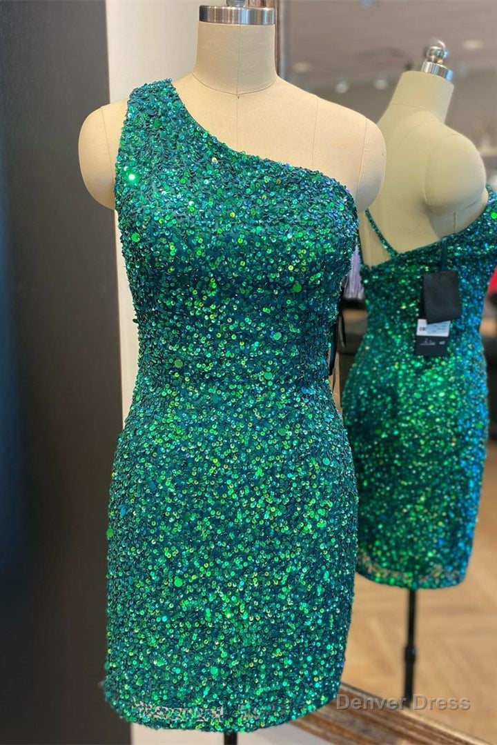 Hunter Green One Shoulder Straps Sequins Sheath Homecoming Dresses Main image