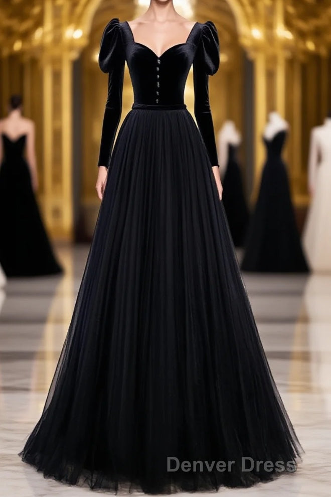 Black Tulle Long Prom Dresses, Black Tulle Formal Dresses Main image