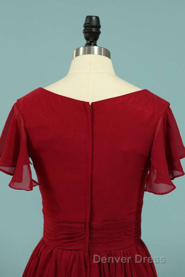 Red Chiffon V-Neck Ruffled A-Line Long Bridesmaid Dresses