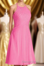 Neon Pink Halter A Line Short Bridesmaid Dresses