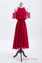 Red Chiffon Cold Sleeves Short Ruffles Bridesmaid Dresses