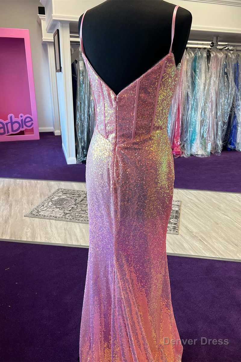 Pink Sequin Split Neck Mermaid Long Prom Gown Secondary image