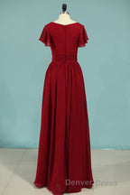 Red Chiffon V Neck Ruffled A Line Long Bridesmaid Dresses