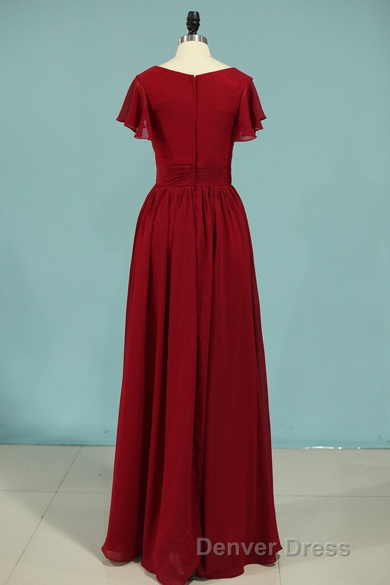 Red Chiffon V Neck Ruffled A Line Long Bridesmaid Dresses