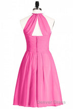 Neon Pink Halter A Line Short Bridesmaid Dresses