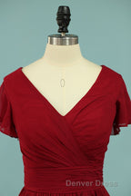 Red Chiffon V-Neck Ruffled A-Line Long Bridesmaid Dresses