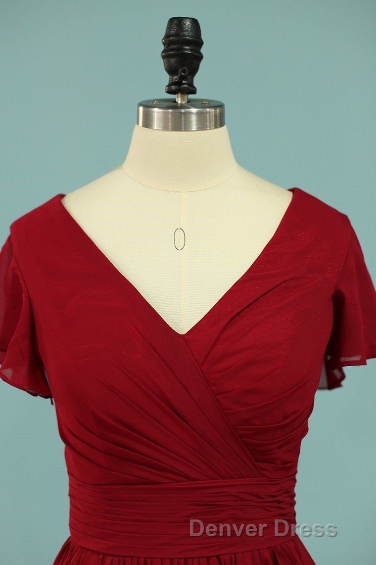 Red Chiffon V-Neck Ruffled A-Line Long Bridesmaid Dresses