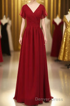 Red Chiffon V Neck Ruffled A Line Long Bridesmaid Dresses