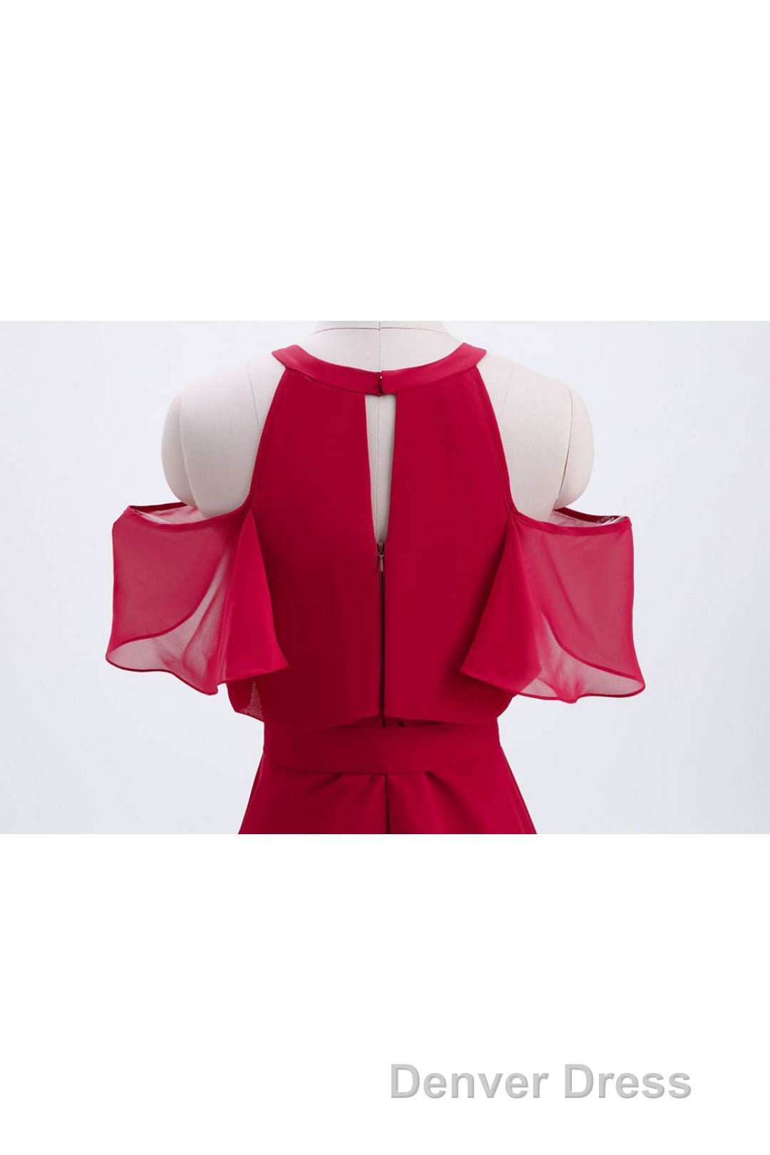 Red Chiffon Cold Sleeves Short Ruffles Bridesmaid Dresses