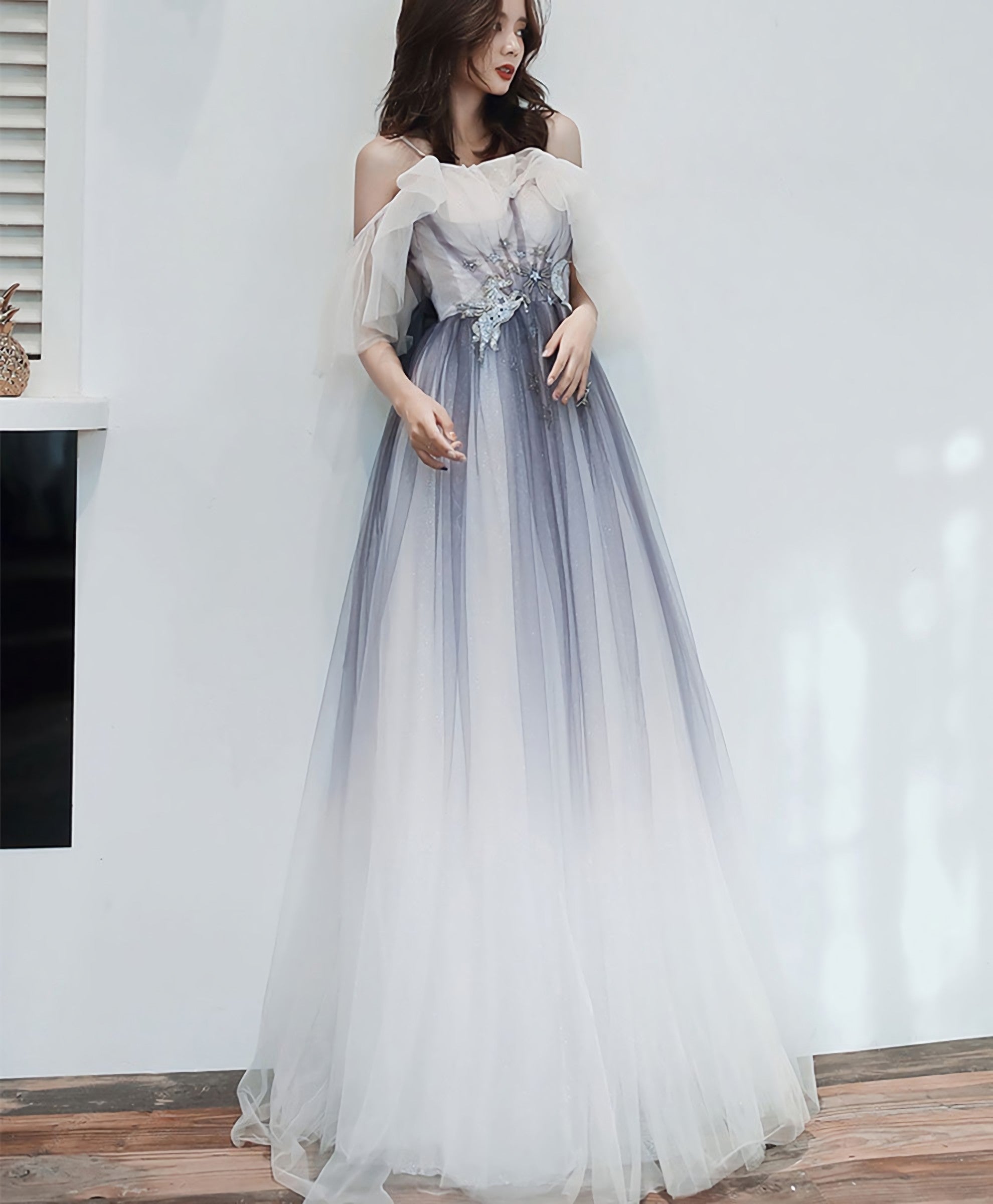 Blue Tulle Off Shoulder Long Prom Dress Blue Prom Dresses