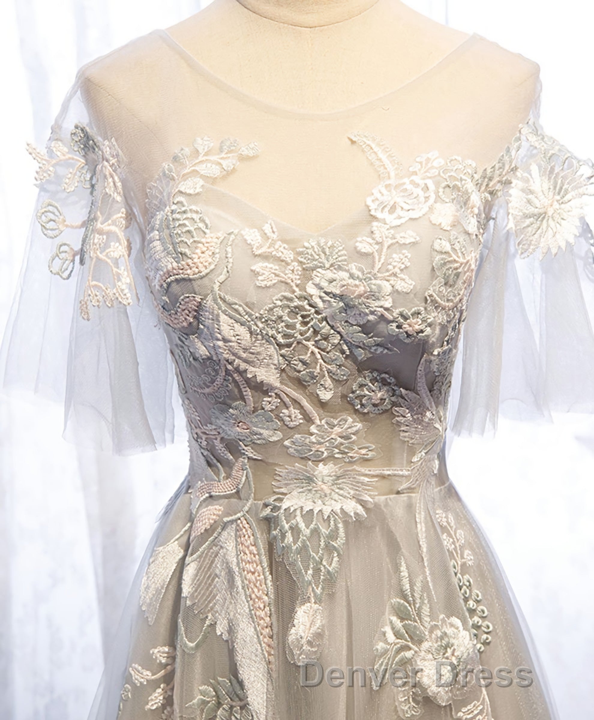 Gray Tulle Lace Long Prom Dress, Gray Tulle Lace Prom Dresses, 5