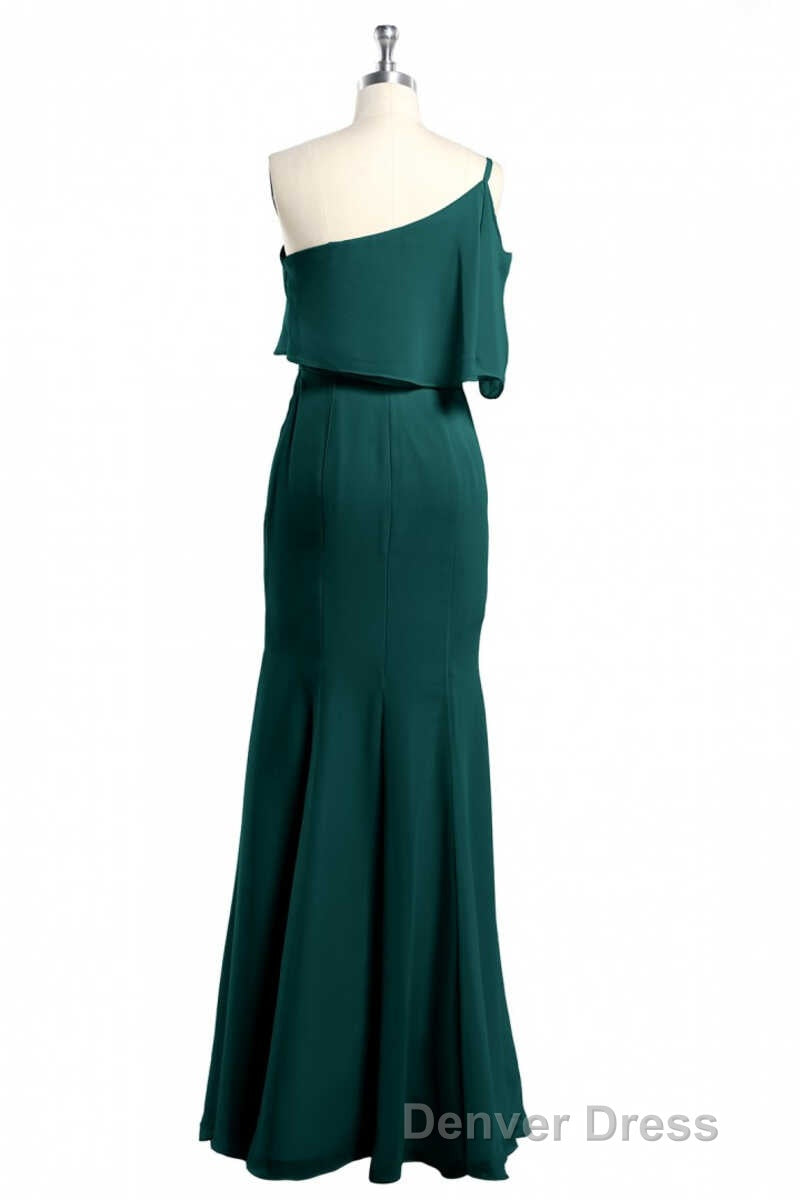 Hunter Green One-Shoulder Mermaid Ruffled Long Bridesmaid Dresses Secondary image