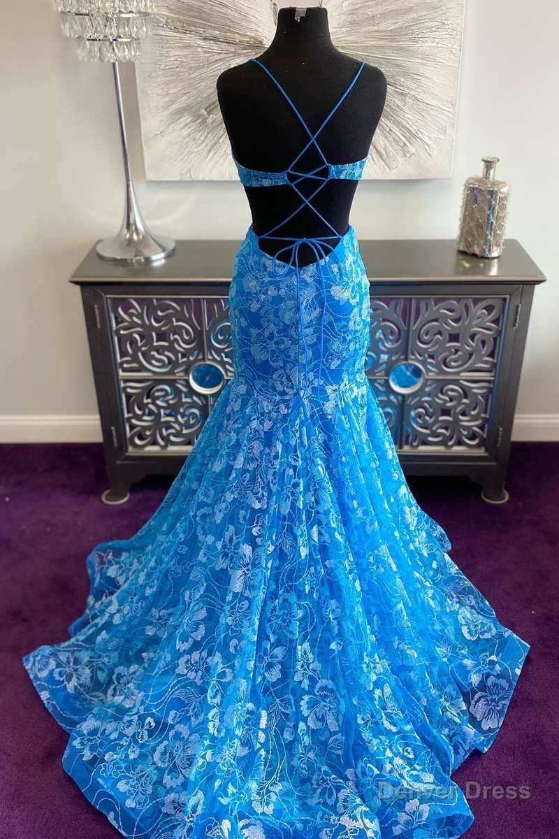 Blue Floral Lace Backless Trumpet Long Prom Gown Main image