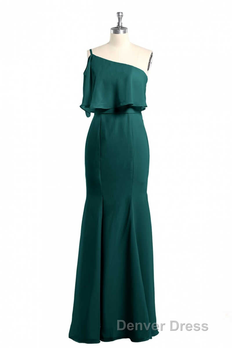 Hunter Green One-Shoulder Mermaid Ruffled Long Bridesmaid Dresses