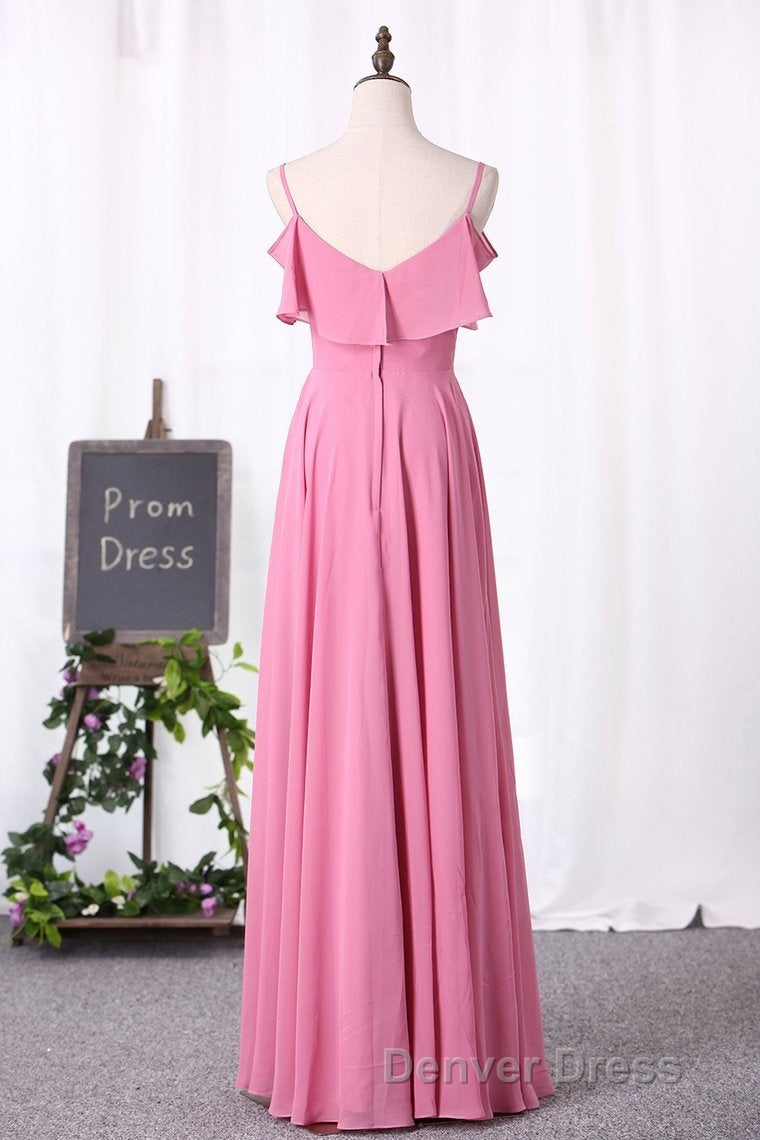 Pink Chiffon Straps Ruffled A Line Long Bridesmaid Dresses