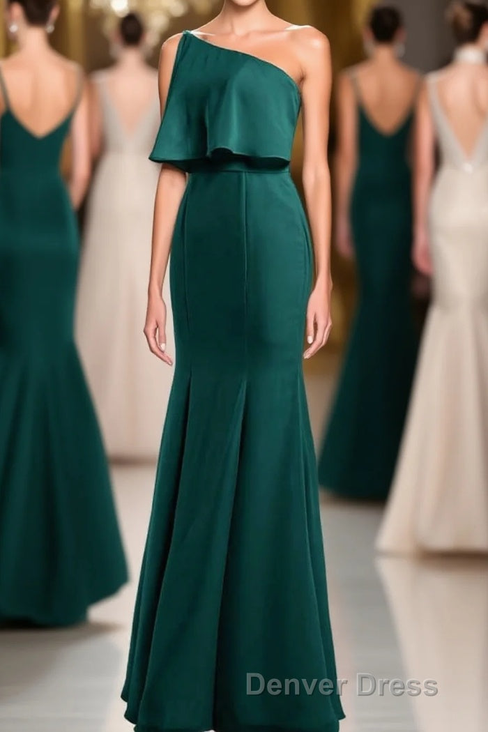 Hunter Green One-Shoulder Mermaid Ruffled Long Bridesmaid Dresses Main image