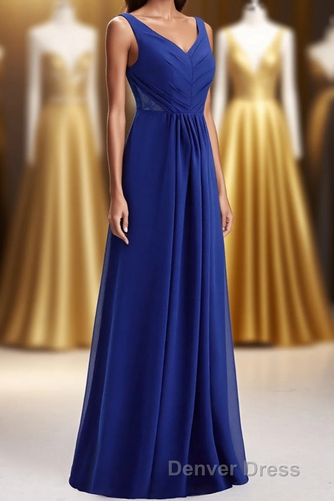 Royal Blue Pleated A-line Chiffon Long Bridesmaid Dresses Main image