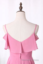 Pink Chiffon Straps Ruffled A Line Long Bridesmaid Dresses
