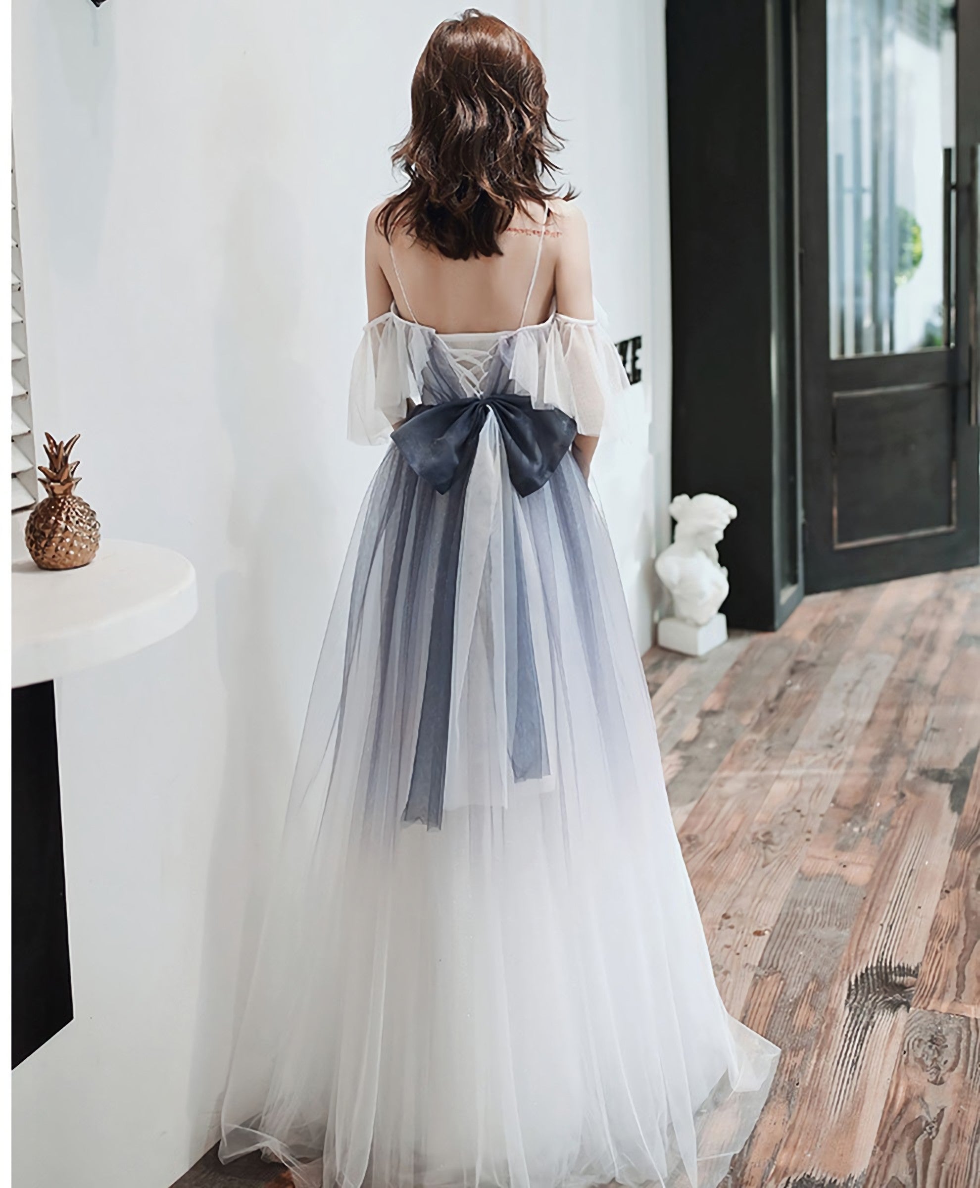 Blue Tulle Off Shoulder Long Prom Dress Blue Prom Dresses