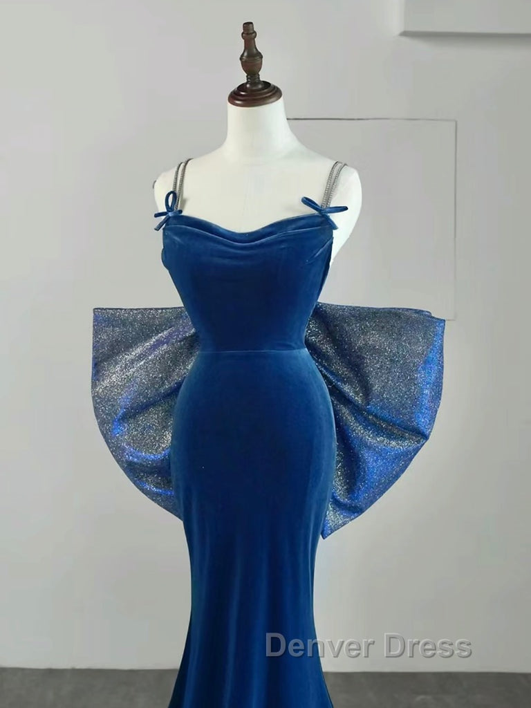 Simple Velvet Blue Mermaid Long Prom Dress, Backless Velvet Blue Prom Dresses Secondary image