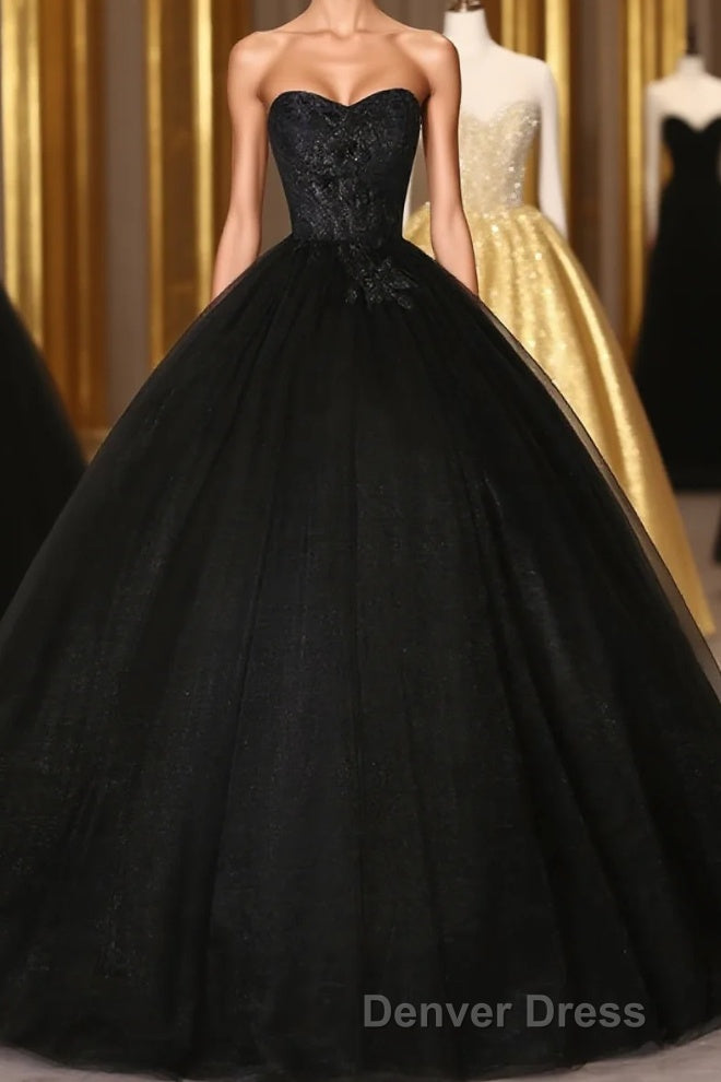 Black Sweetheart Neck Tulle Long Prom Dress, Black Prom Dresses