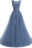 A Line Round Neck Lace Appliques Floor Length Prom Dresses