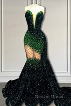 V-Neck Sequins Prom Dresses Mermaid Sleeveless Crystal.
