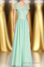 Sage Green Lace and Chiffon Cap Sleeve A Line Long Bridesmaid Dresses