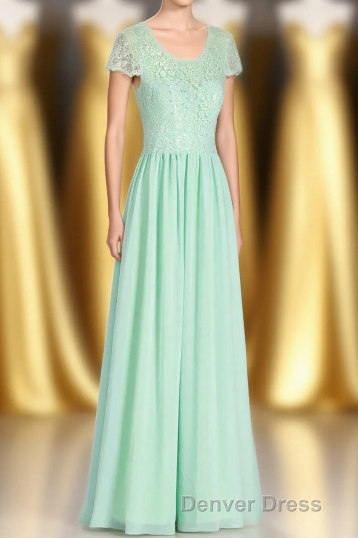 Sage Green Lace and Chiffon Cap Sleeve A Line Long Bridesmaid Dresses