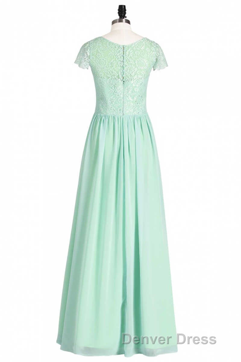 Sage Green Lace and Chiffon Cap Sleeve A Line Long Bridesmaid Dresses