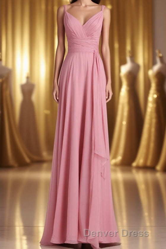 Pink V-Neck Lace-Up Long Bridesmaid Dresses Main image