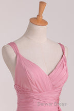 Pink V Neck Lace Up Long Bridesmaid Dresses
