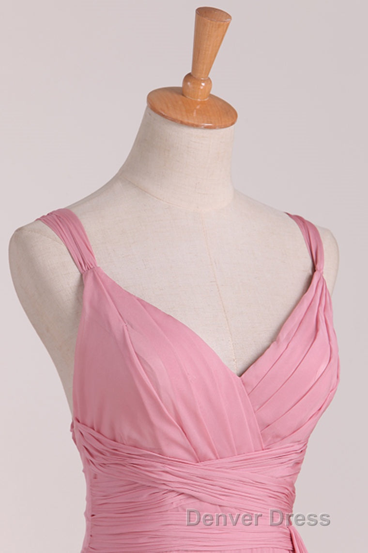 Pink V Neck Lace Up Long Bridesmaid Dresses