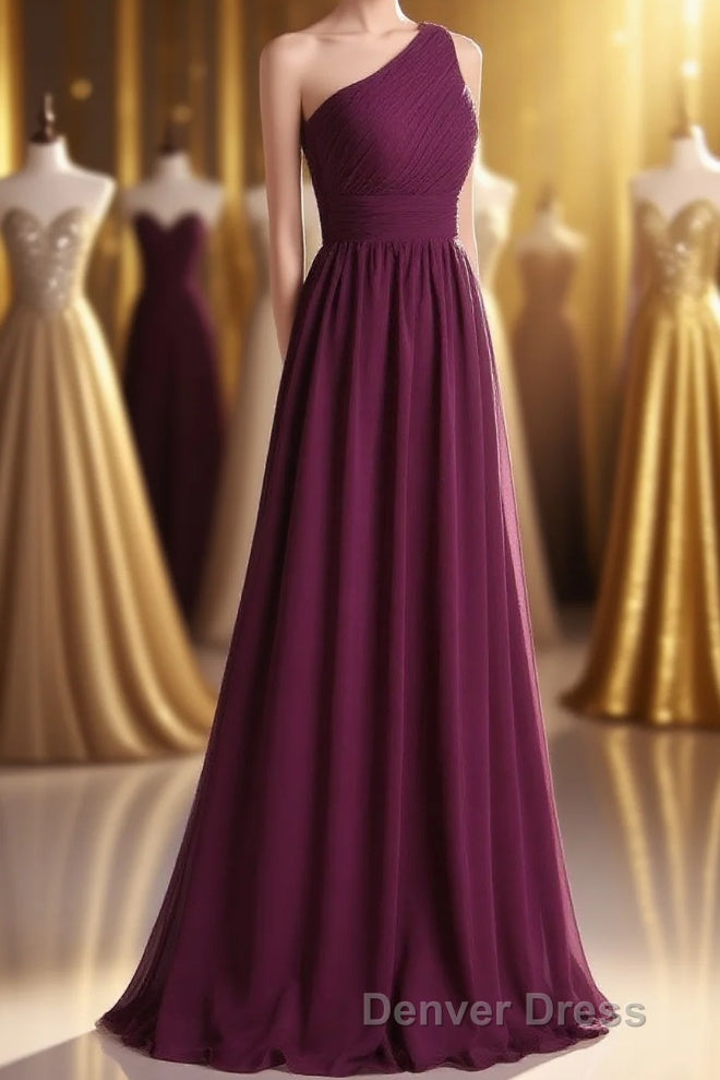 Magenta Chiffon One Shoulder A Line Long Bridesmaid Dresses Main image